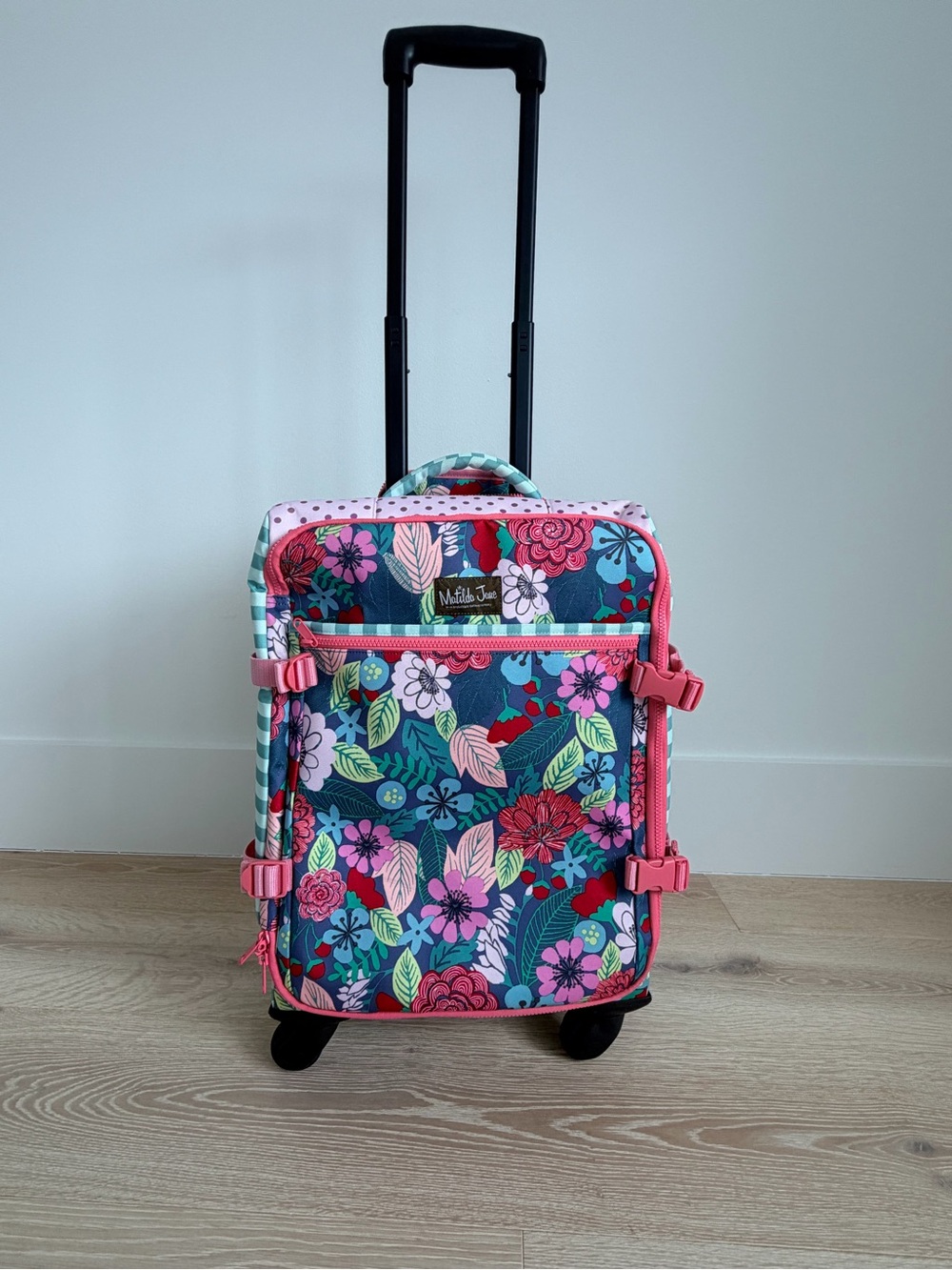 Matilda Jane Floral Rolling Kids carry on Suitcase in Pink, Teal & Navy